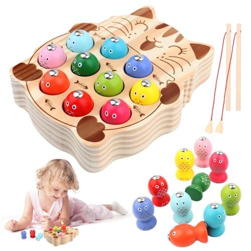 VFANDV Montessori Spielzeug, Spielzeug ab 2 Jahre Kinderspielzeug 2 in 1 Holz Magnetspiel, Agnet Fische Angeln Spiel, Holz Angelspiel für Kinder, Angelspiel Magnetspielzeug Kinderspielzeug 2 Jahre von VFANDV