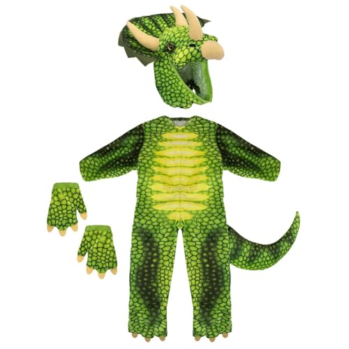 VFM - Triceratops Dinosaurierkostüm Alter 3-4 Jahre grün - alles in einem Kinder 4 -teiligen Dino -Kostüm -Halloween -Outfit mit elastischen Handschuhen von VFM e-Store