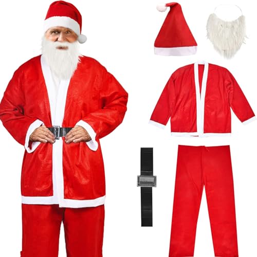 VFZILH 5-teiliger klassischer Weihnachtsmann-Anzug für Erwachsene,größenverstellbares Weihnachtsmann-Kostüm-Set für Weihnachten,Einheitsgröße,ganzes Set Weihnachtsmann-Kostüm von VFZILH