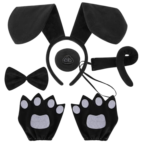 VGMANNTA 5 tlg Hundekostüm Welpen Zubehör Tierkostüm Erwachsene Welpen Hund Stirnband Ohren Schwanz Hunde Fliege Falscher Nase Welpen Pfote Handschuhe für Erwachsene Kinder Halloween Cosplay Party-B von VGMANNTA