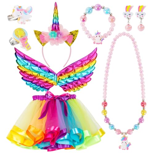 VGMANNTA 9 Stück Einhorn Kostüm Kinder Prinzessin Kostüm Mädchen tütü Kinder Einhorn Tüllrock Mädchen Einhorn Haarreif Kinder kinderschmuck für Unicorn Cosplay Halloween Karneval 3-10 Jahre-R von VGMANNTA