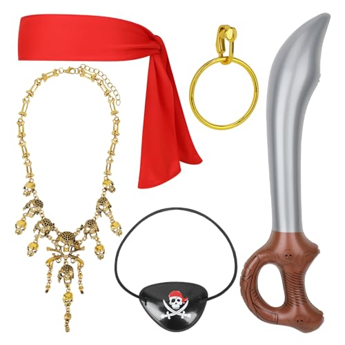 VGMANNTA Piraten Kostüm Accessoires Piratenkostüm Damen Kinder Augenklappe Pirat Kopftuch Gefälschtes Schwert Halskette Gothic Halskette Ohrring Verkleidung für Karneval Cosplay Halloween von VGMANNTA