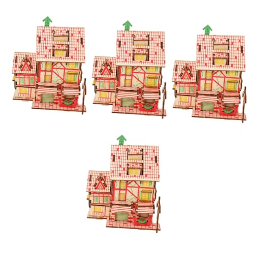 4 Sätze Puzzle 3D-Gebäuderätsel Puppenhaus-Modell Rätsel Mini- -Bausatz Denksportaufgaben Spielzeug für Kinder Geburtstagsgeschenk DIY-Montagehausmodell 3D-Rätsel hölzern VICASKY von VICASKY