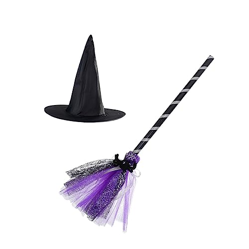 VICASKY 1 Satz Zauberhut Besen Halloween Dekoration Halloween-Dekoration Halloween Hexenbesen Hexenbesenstiel Hüte Halloween-Cosplay-Requisiten bühnenaufführung Hut Besen Plastik Violett von VICASKY