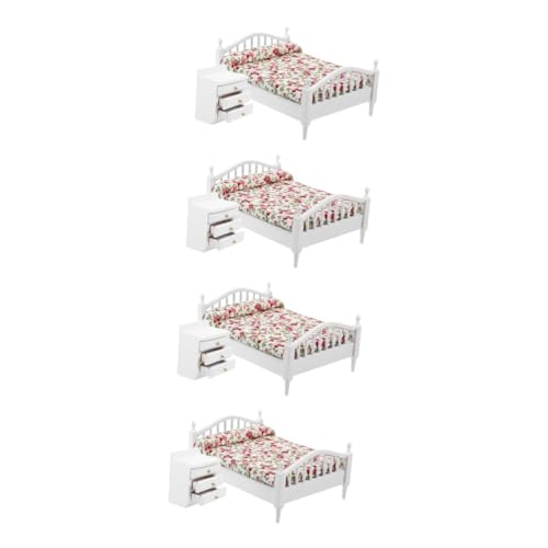 VICASKY 4 Sets Puppenhaus Bett Puppenhaus Mini Möbel Maßstab 112 Puppenhaus Möbel Mini Bett Modell Puppen Schlafzimmer Bett Mini Verzierung Mini Nachttisch Mini Bett Dekor von VICASKY