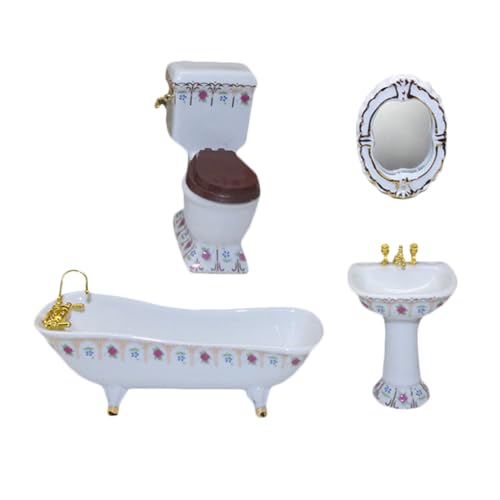 VICASKY 4 Teiliges Puppenhauszubehör Puppenhausmöbel Liege Waschbecken Tragbare Wanne Miniatur Puppenhausbadewanne Toilette Miniwanne Porzellan Wannen Puppenhausdekor von VICASKY