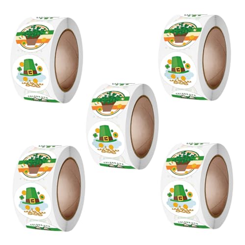 VICASKY 5 Rollen Vierblättriger Aufkleber St Patrick's Aufkleber Feiertags Dekorationsetiketten Kleeblatt Etikettenaufkleber Geschenkverpackungsaufkleber St Patrick's von VICASKY