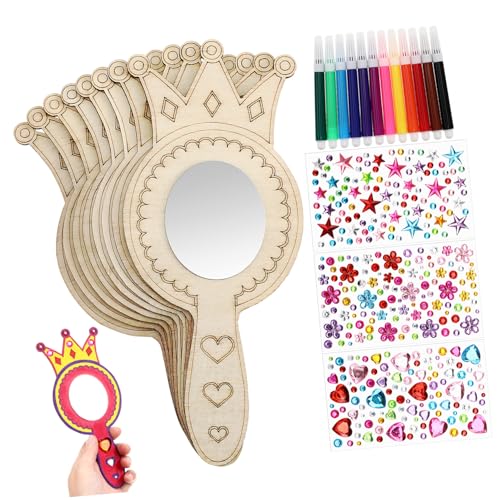 VICASKY 8 Teiliges DIY Spiegelset Für Unfertige Holzspiegel Handheld Bastelset Mit 12 Wasserfarben Und 3 Klebediamanten Perfekte Bastelidee Für Kinderpartys Und Kreative Räume von VICASKY