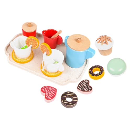 VICASKY Kinder Kaffeemaschine Holz Miniatur Nachmittagstee Set Holzspielzeug Mit Desserts Kuchen Und Teetassen Für Rollenspiel Zubehör Für Die Spielküche Perfekt Für Teeparty Und Kreative Spielstunden von VICASKY