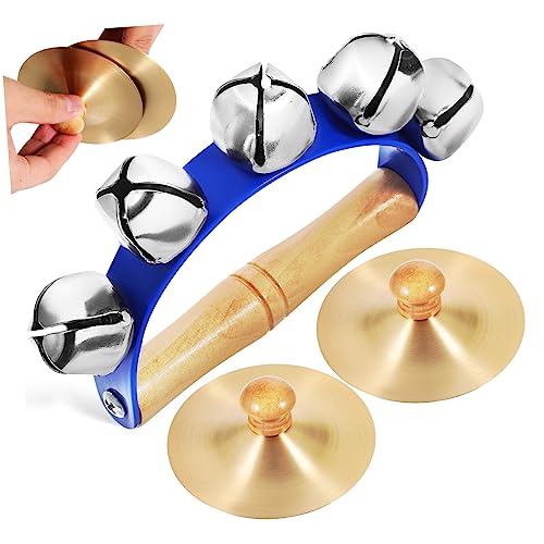 VICASKY Schlittenglocke mit Holzgriff Daumenbecken handgehaltene Trommelglocke klimpern Musical Toy Instruments kinderinstrumente Handheld Jingle Bell Handklingel Fingerbecken aus Bronze von VICASKY