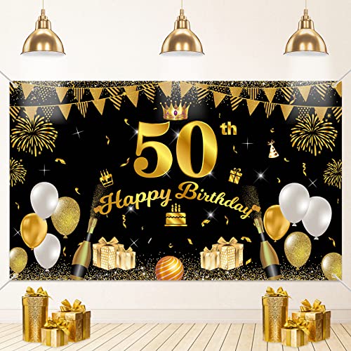 50. Geburtstag Banner Schwarz Gold,50. Geburtstag Dekoration 50. Extra Großes Banner, 50.Schwarz Gold Happy Birthday Banner, 50.Stoff Zeichen Poster Hintergrund Banner, 50. Mann Geburtstag Banner von VICSOM