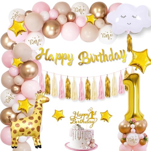 1. Geburtstag Mädchen Deko Rosa, Luftballons Geburtstag Rosa Gold Geburtstagsdeko 1 Jahr Mädchen, Happy Birthday Girlande, Ballon 1. Geburtstag Rosa Weiß Ballon für Baby Geburtstag 1 jahr Mädchen Deko von VICTERR