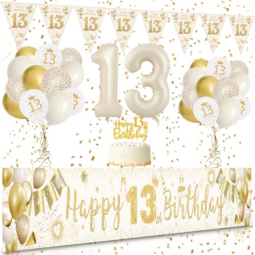 13 Geburtstag Mädchen Deko, VICTERR Sandweiß Gold Deko 13. Geburtstag Mädchen und Jungen Deko Set, Lange Größe Happy 13th Birthday Banner Hintergrund 274×37cm, Girlande Wimpel Konfetti Luftballons von VICTERR