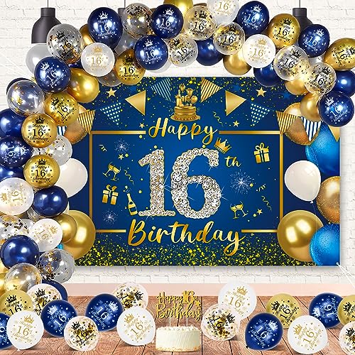 16 Geburtstag Junge, 16 Geburtstag Deko 16. Geburtstag Junge Blau Gold Geburtstagsdeko Junge Mädchen,Lange Happy 16th Birthday Banner Hintergrund 190×120cm, Cake Topper 16. Geburtstag Luftballons von VICTERR