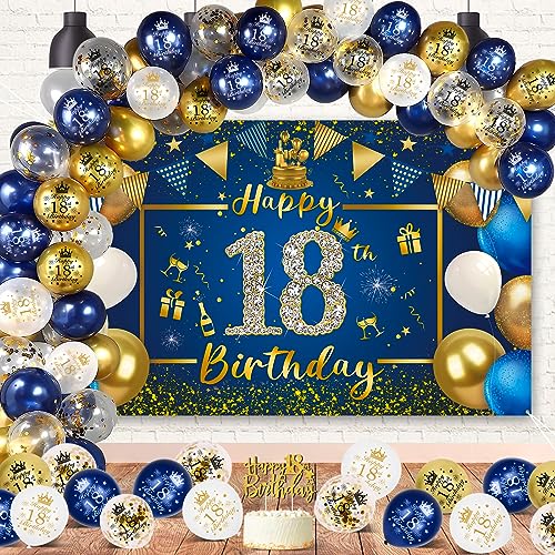 18. Geburtstag Junge, Deko 18. Geburtstag Junge Mädchen Blau Gold Geburtstagsdeko Banner Set, Lange Happy 18th Birthday Banner Hintergrund 190×120cm, Cake Topper 18. Geburtstag Luftballons Party Deko von VICTERR