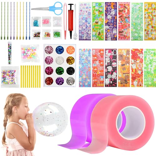 2 Rollen Nano Tape Bubbles Set, DIY Bubble Tape Nano Klebeband Doppelseitig mit Pumpe, Pailletten, Glitzerpuder und Aufklebern, Mehrzweck Blowing Bubble Tape Geschenk Bastelsets für Kinder Erwachsene von VICTERR