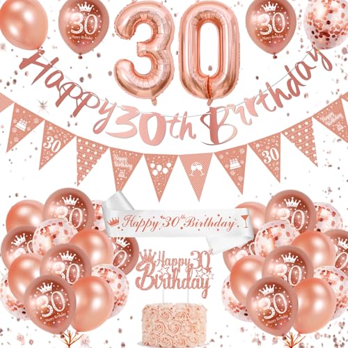 30 Geburtstag Frauen, 30 Geburtstag Deko Rosegold,Deko 30 Geburtstag Frau mit Happy Birthday Girlande Banner Luftballon 30. Geburtstag 30. Geburtstag Schärpe Tortendeko für 30. Geburtstag Frauen von VICTERR