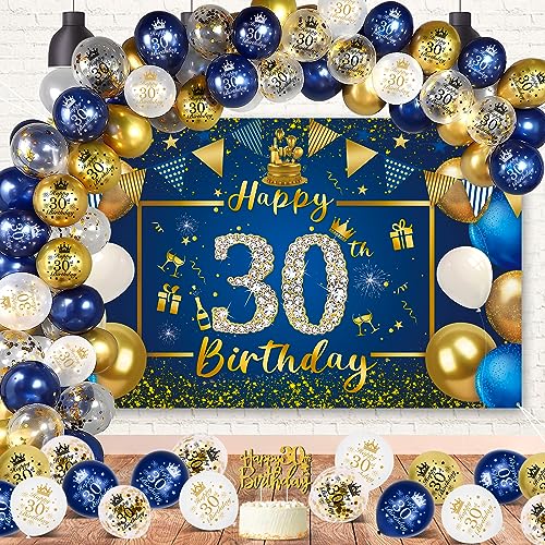 30 Geburtstag Männer, VICTERR Blau Gold Deko 30 Geburtstag Männer und Frau Geburtstagsdeko Banner Set, Lange Happy 30th Birthday Banner Hintergrund 190×120cm, Cake Topper Konfetti Luftballons von VICTERR