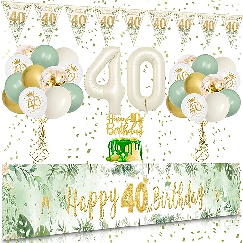 40 Geburtstag Deko, VICTERR Grün Gold Deko 40. Geburtstag Frauen und Männer Deko Set, Lange Größe Happy 40th Birthday Banner Hintergrund 274×37cm, Girlande Wimpel Konfetti Luftballons von VICTERR