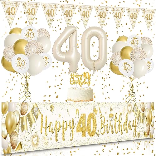 40 Geburtstag Frauen, VICTERR Sandweiß Gold Deko 40. Geburtstag Frauen und Männer Geburtstagsdeko Set, Lange Größe Happy 40th Birthday Banner Hintergrund 274×37cm, Girlande Wimpel Konfetti Luftballons von VICTERR