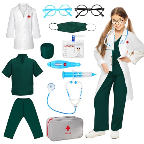 Arzt Kostüm Kinder, Weiß Arztkittel Kinder Unisex Langarm Laborkitel, OP Oberteile und Hosen mit Stethoskop, Jungen Mädchen Doktor Spielzeug Kit Rollenspiel Fasching Halloween Kostüme für Kinde. von VICTERR