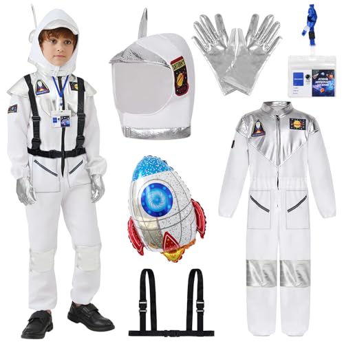 Astronaut Kostüm Kinder, Astronauten Kostüm Faschingskostüme Kinder, mit Astronaut Jumpsuit,Astronauten Helm,Silver Gloves,Raketen Ballons,für Jungen Mädchen Karneval Halloween Mottoparty Dress up von VICTERR