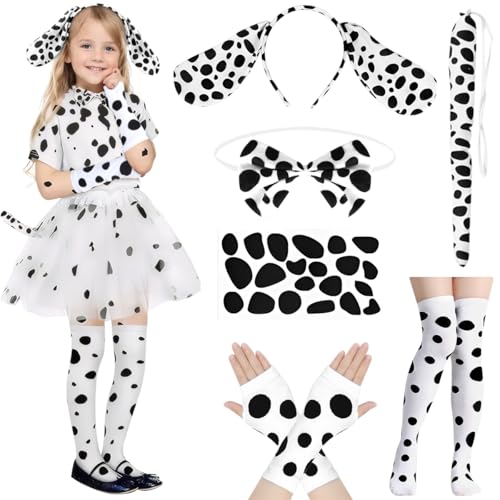 Dalmatiner Kostüm Set, 6 Stück Dalmatiner Kostüm Kinder,mit Dalmatiner Ohren Haarreif,Hund Schwanz,Fliege,Dalmatiner Aufkleber,Socken,Hülsenabdeckung Set für Fasching,Karneval,Cosplay Party Animals von VICTERR