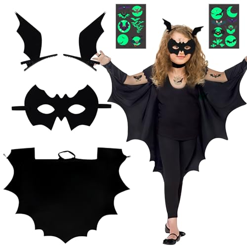 Fledermaus Kostüm Kinder, Halloween Kostüm Kinder Bat Costume,mit Fledermausumhang,Haarreif Fledermaus,Fledermaus Maske,Temporäre Tattoos für Mädchen Junge Halloween Faschingskostüme Fledermausflügel von VICTERR