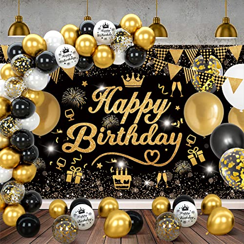 Geburtstag Dekoration Männer Banner, Schwarzes Gold Extra Lange Geburtstag Happy Birthday Poster Hintergrund Schwarzes Gold Deko Geburtstag Luftballons Konfetti Männer Frau Junge Deko Banner 190X120cm von VICTERR