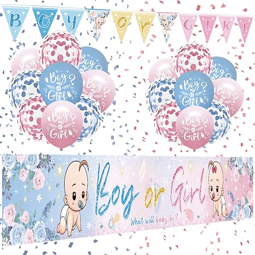 Gender Reveal Party Deko, Blau und Rosa Baby Party Dekoration Mädchen Junge, Gender Reveal Party Dekoratio Banner, Blau und Rosa Konfetti Luftballons, Baby Shower Dreieckiges Flaggenbanner von VICTERR