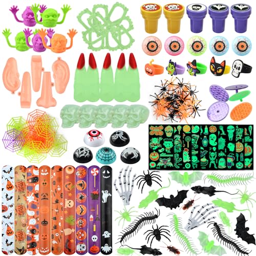 Halloween Mitgebsel Kinder, 127 Stück Mitgebsel Halloween Spielzeug, Pinata Halloween Geschenke Give Away halloween Kindergeburtstag,Vampirzähne Spinne Fledermaus Augen Fingerlinge Tattoo für Kinder von VICTERR