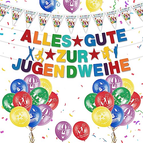 Jugendweihe Deko Luftballons, Alles Gute zur Jugendweihe Banner, Bunt Luftballons Jugendweihe, Jugendweihe Girlande für Junge Mädchen Endlich Erwachsen Deko, Herzlichen Glückwunsch Party Deko von VICTERR