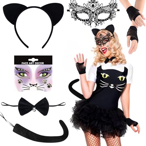 Katzenkostüm Kinder Damen, 6 Stück Katze Kostüm Set,Katzenohren Haarreif,Katzenschwanz,Fliege,Handschuhe,Schwarze Maske,Katzen Glitzer Gesicht Aufkleber für Halloween,Karneval,Fasching,Party Animals von VICTERR