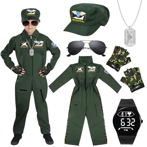 Pilot Kostüm Kinder, Kampfjet Piloten Kostüm Flieger Kostüm Faschingskostüme Halloween Kostüm Kinder,mit Pilot Costume,Mütze,Handschuhe,Halsketten,für Fasching Karneval Halloween Kostüm Cosplay von VICTERR