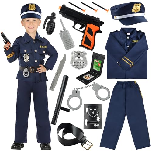 Polizei Kostüm Kinder, 14 Stück Faschingskostüme Halloween Kostüm Kinder Polizei Ausrüstung Spielzeug, mit Polizei Hemd Hosen Mütze,Handschellen Kinder,Walkie-Talkie,Polizeiabzeichen,Taktstock,Gürtel von VICTERR