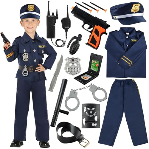 Polizei Kostüm Kinder, 14 Stück Faschingskostüme Halloween Kostüm Kinder Polizei Ausrüstung Spielzeug, mit Polizei Hemd Hosen Mütze,Handschellen Kinder,Walkie-Talkie,Polizeiabzeichen,Taktstock,Gürtel von VICTERR