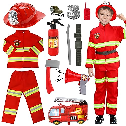 VICTERR Feuerwehrmann Kostüm Kinder, 12pcs Rollenspiel Halloween Kostüm Spielzeug für Kinder im Alter von 2-3 Jahren für Kinderschulkostüme, Kostümpartys, Weihnachts, Schul- und Heimspiele(100cm) von VICTERR