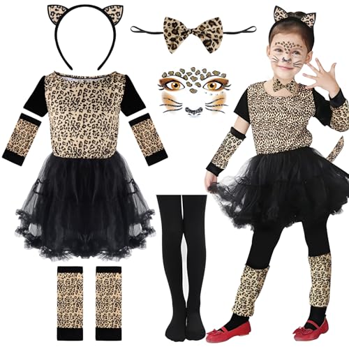 VICTERR Leoparden Kostüm Kinder, Leoparden Kostüm Set Leopard Kostüm Kinder,Leoparden Kleid mit Schwanz,Leoparden Ohren,Fliege,Leopard Gesicht Aufkleber für Halloween,Karneval,Faschingskostüme Kinder von VICTERR