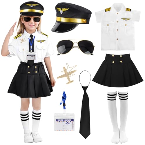 VICTERR Pilot Kostüm Kinder, Kapitän Piloten Kostüm Flieger Kostüm Set Faschingskostüme Halloween Kostüm Kinder,mit Pilot Costume,Fliegermütze,Brillen,Pilotenschein,für Fasching Karneval Halloween von VICTERR