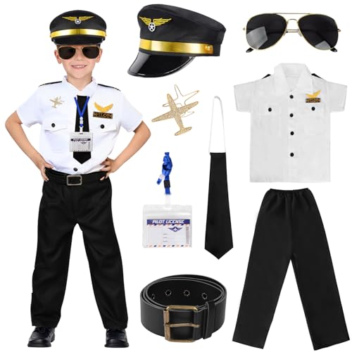 VICTERR Pilot Kostüm Kinder, Kapitän Piloten Kostüm Flieger Kostüm Set Faschingskostüme Halloween Kostüm Kinder,mit Pilot Costume,Fliegermütze,Brillen,Pilotenschein,für Fasching Karneval Halloween von VICTERR