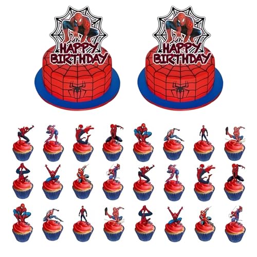 VIDSTW 26 Stück Spider Tortendeko Geburtstag Tortenaufleger Happy Birthday Tortendeko Cupcake Toppers Kuchen Toppers für Kinder Party für Junge Mädchen Geburtstag Themen Party (2 Größen) von VIDSTW