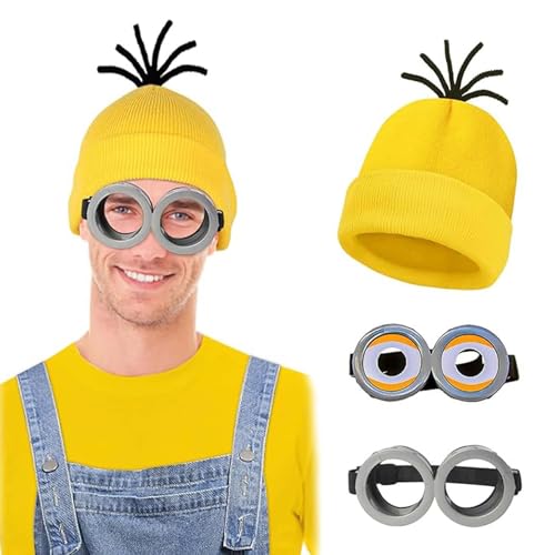 VIDSTW 3 Stück Minion Kostüm Zubehör, Halloween Cosplay, Gelbe Beanie Steampunk Brille mit Augen Gelbe Mütze Set, Faschingskostüm für Halloween Karneval Cosplay Party für Erwachsene Herren Damen von VIDSTW