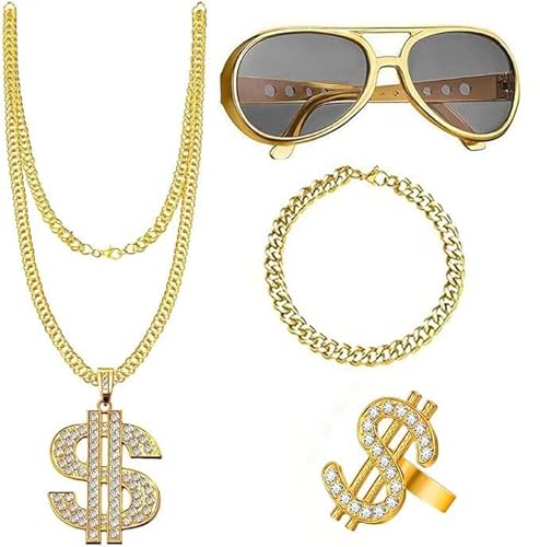 VIDSTW 4 Stück 90er Hip Hop Rapper Kostüm Zubehör Rapper Kette Zuhälter Kostüm Zubehör Goldkette Kostüm Zubehör Ring Dollar Kette Sonnenbrille Goldketten-Set für 80s/90s Fasching Karneval Party von VIDSTW