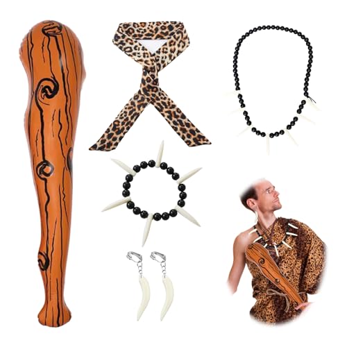 VIDSTW 5 STK Höhlenmensch Kostüm Zubehör Knochen Schmuck Steinzeit Kostüm Aufblasbare Streitkolben Leopard Stirnband Elfenbein Armband Halskette Ohrringe Höhle Kostüm für Karneval Cosplay von VIDSTW