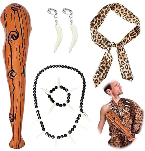 VIDSTW 5 STK Höhlenmensch Kostüm Zubehör Knochen Schmuck Steinzeit Kostüm Aufblasbare Streitkolben Leopard Stirnband Elfenbein Armband Halskette Ohrringe Höhle Kostüm für Karneval Cosplay von VIDSTW