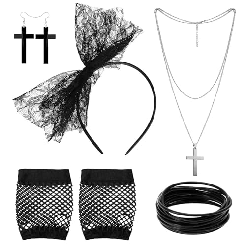 VIDSTW 5 Stück 80er Jahre Outfit Damen Zubehör 80er Retro Party Accessoires Netzhandschuhe Schwarz Spitze Stirnband Ohrringe Armbänder Halsketten für 80er Jahre Kleidung Karneval Fasching Mottoparty von VIDSTW