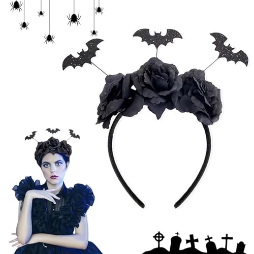 VIDSTW Halloween Haarreifen Damen mit Schwarze Blumen und Schläger, Haarreif für Halloween-Accessoires Halloween Kostüm Accessoires Stylische Haarreifen von Helloween, Halloween Kopfschmuck von VIDSTW