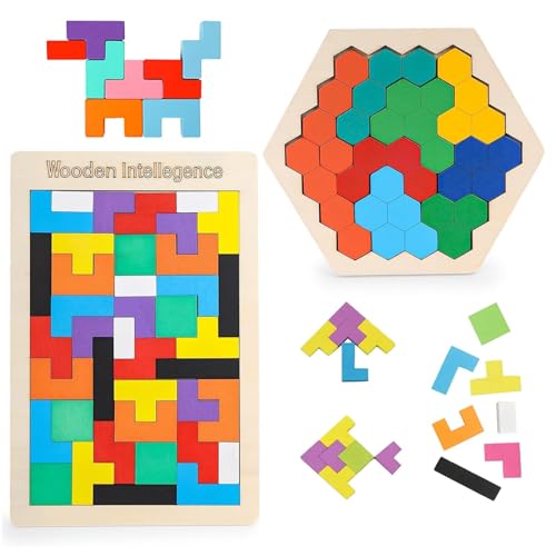 VIDSTW 2 Stück Tangram Holzpuzzle Set Holzpuzzle Tetris Tangram für Denkspielzeug 3 in 1 Kinder Kreativ Lernspielzeug Fördert logisches Denken Lernspiele ab 4 Jahre für Jungen und Mädchen von VIDSTW