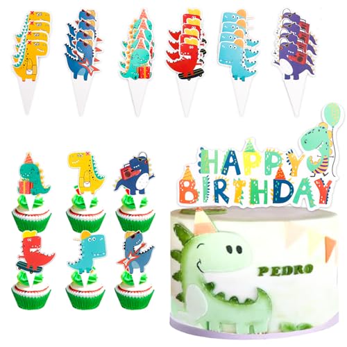 VIEVRE 25 Stück Dino Muffins Deko, Dinosaurier Cupcake Toppers, Dino Geburtstag Deko, Dino Tortendeko, Dino Theme Muffin Deko für Kinder Party Geburtstag Jungen Mädchen von VIEVRE