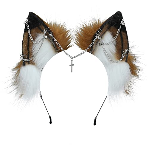 VIGVAN Handgemachte Wolf Fuchs Ohren Cosplay Kopf Zubehör Kawaii Haarband (Kette Braun Weiß) von VIGVAN